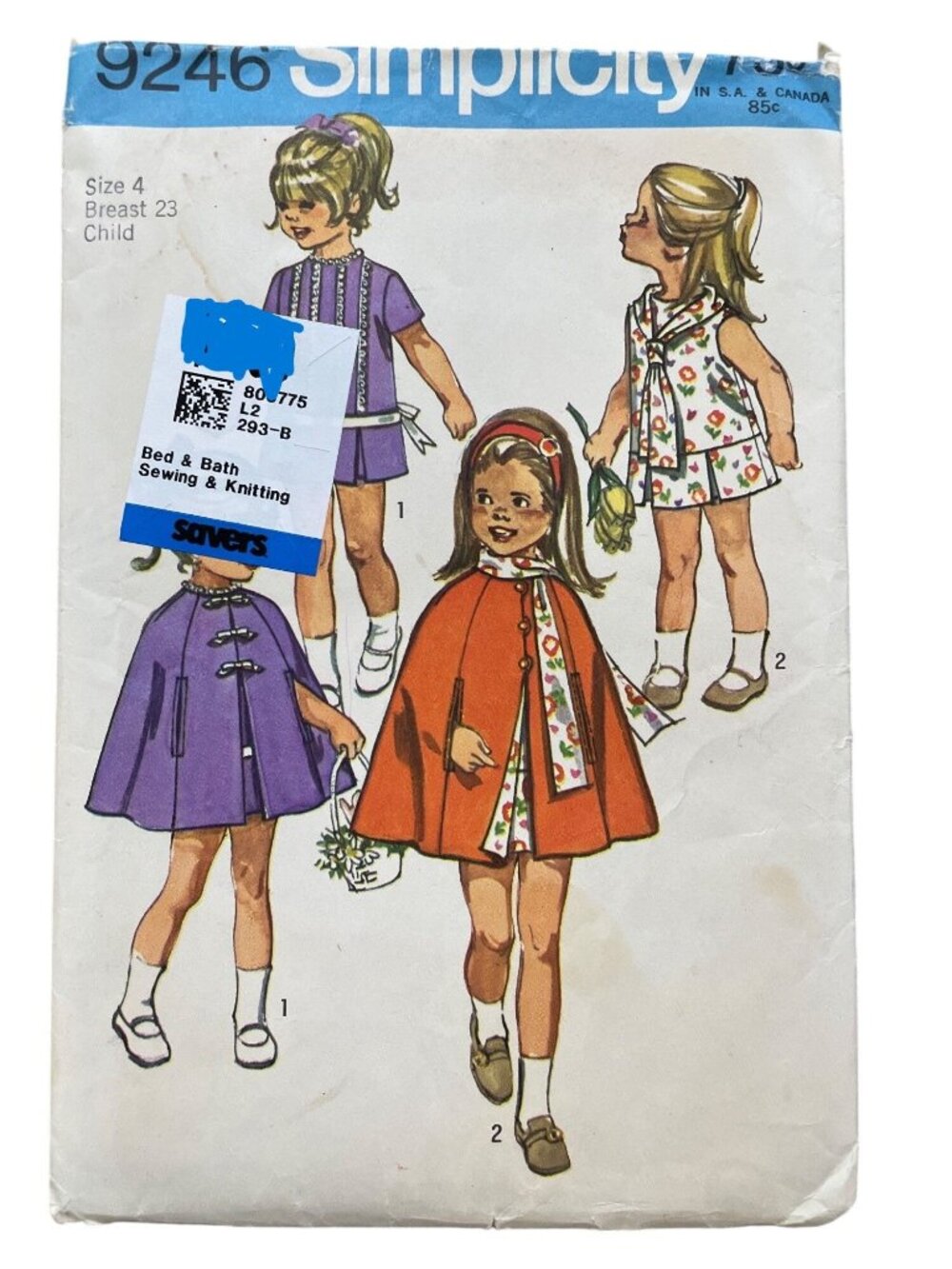 Vintage 70s Simplicity 9246 Sewing Pattern Size 4 Childs Cape Dress & Scarf CUT